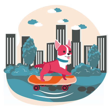 Different situations in the life of pets scene concept. Cute dog is riding skateboard along city street. Animal care, pet training, people activities. Vector illustration of characters in flat designのイラスト素材
