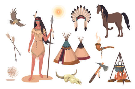 Wild West design elements set. Collection of indian woman in traditional dress, buffalo skull,...