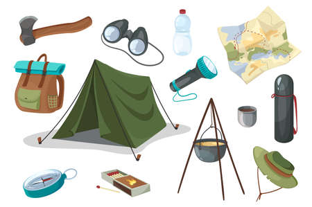 Travel and hiking equipment design elements set. Collection of tent, ax, binoculars, bottle, lantern, map, thermos, backpack, compass. Vector illustration isolated objects in flat cartoon styleのイラスト素材