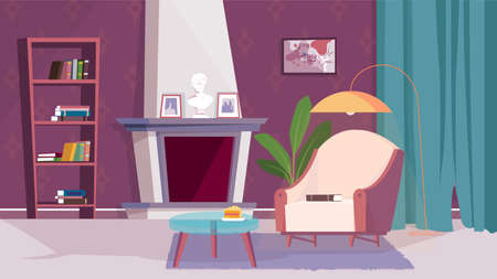 Living room interior concept in flat cartoon design. Fireplace in room, cozy armchair and coffee table, bookshelf, paintings at wall, plants and floor lamp. Vector illustration horizontal backgroundのイラスト素材