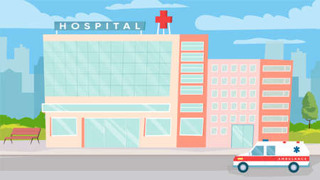 Hospital building exterior concept in flat cartoon design. Modern medical clinic building, ambulance car, city street landscape. Medicine and healthcare. Vector illustration horizontal backgroundのイラスト素材