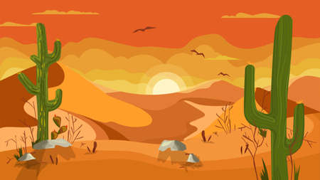 Sunset in desert landscape concept in flat cartoon design. Sandy hills and dunes, cacti, scorching sun and sparse vegetation. Wildlife panoramic view. Vector illustration horizontal backgroundのイラスト素材