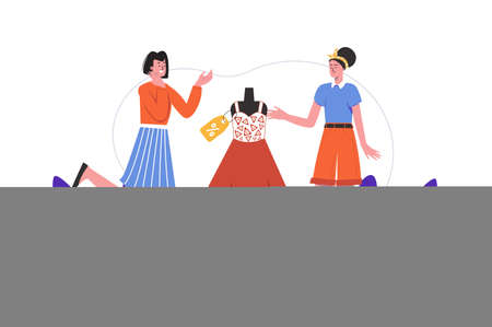 Women buy clothes in store together. Buyers stand near fashionable outfit mannequin, people scene isolated. Shopping, consumerism, purchase at shop concept. Vector illustration in flat minimal designのイラスト素材
