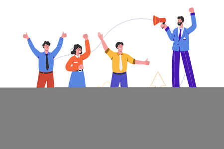 Motivational speaker with megaphone speaks inspiring speech to people. Leader at meeting, scene isolated. Motivation and achievement of career goals concept. Vector illustration in flat minimal designのイラスト素材