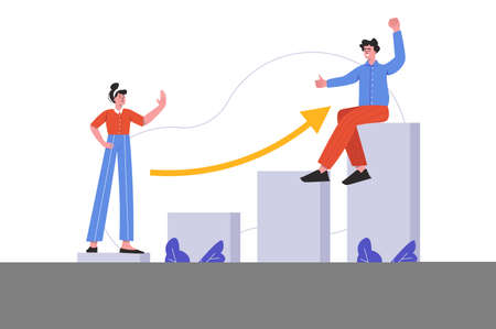 People achieve career goals and professional growth. Man and woman develop careers, increase income, scene isolated. Motivation, business progress concept. Vector illustration in flat minimal designのイラスト素材