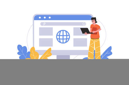 Man browsing news using laptop. User interacts with browser interface at search page, people scene isolated. Online communication, internet surfing concept. Vector illustration in flat minimal designのイラスト素材