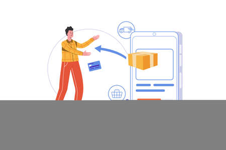 Internet delivery service concept. Man makes purchase and receives order using mobile application, people scene isolated. Fast shipping, parcel tracking. Vector illustration in flat minimal designのイラスト素材