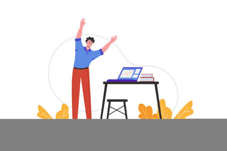 Man does warm-up at workplace in office. Employee doing exercises while working, people scene isolated. Healthy lifestyle and physical activity concept. Vector illustration in flat minimal designのイラスト素材