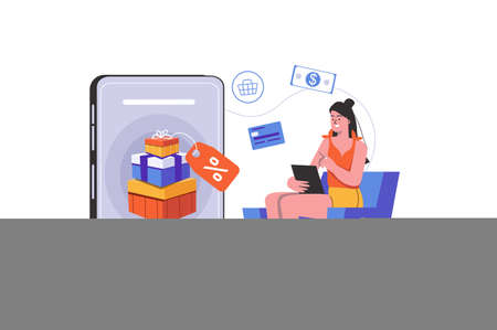 Internet marketing concept. Woman buys goods or services online, receives gifts and discounts, people scene isolated. Promotion and customer attracting. Vector illustration in flat minimal designのイラスト素材