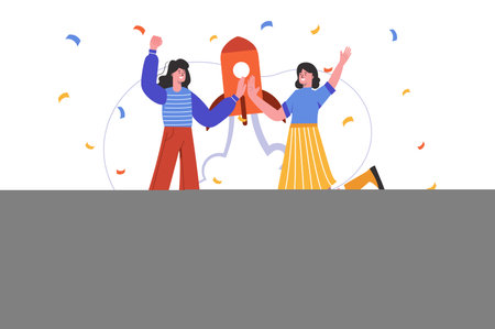 Successful startup concept. Women start new business project together, people scene isolated. Successful strategy, innovation, entrepreneurship, leadership. Vector illustration in flat minimal designのイラスト素材