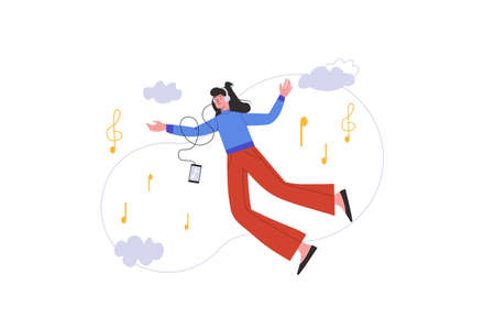 Young girl listening music with headphones. Happy woman dreaming and flying with melody on smartphone, people scene isolated. Relax with songs concept. Vector illustration in flat minimal designのイラスト素材