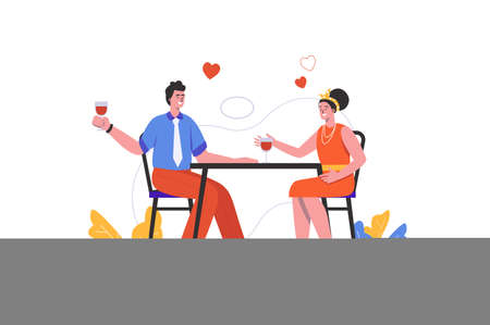 Loving couple having dinner in restaurant on romantic date. Man and woman drinking wine while sitting at table, people scene isolated. Relationship concept. Vector illustration in flat minimal designのイラスト素材