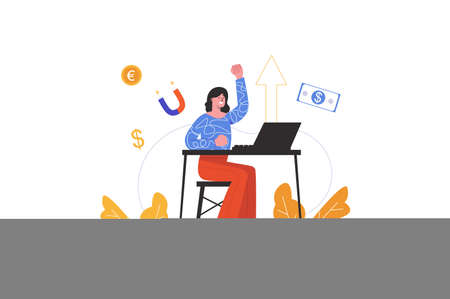 Woman earning online by working on laptop at home. Businesswoman increases income in Internet, people scene isolated. Freelance and e-business concept. Vector illustration in flat minimal designのイラスト素材