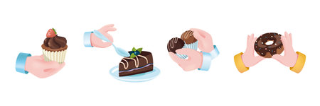 Sweets dessert graphic concept hands set. Human hands holding strawberry muffin, chocolate cake with...