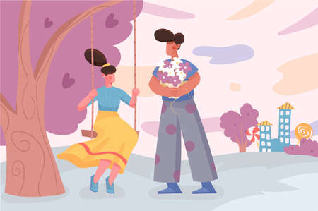Valentines day banner. Couple together, woman sits on swing, man holds flowers at city park background. Seasonal holiday poster. Vector illustration for backdrop or placard in flat cartoon designのイラスト素材
