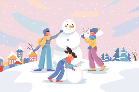 Happy winter activity banner. Children make snowman outdoors in city park and snowfall background. Seasonal entertainment poster. Vector illustration for backdrop or placard in flat cartoon designのイラスト素材