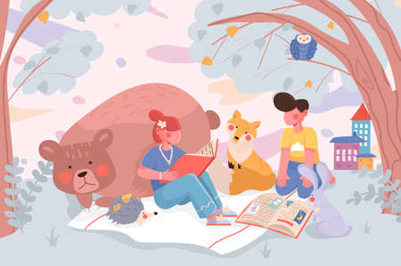 Education banner. Kids read books or learn textbooks with cute animals at picnic in park background. Pupils study at school poster. Vector illustration for backdrop or placard in flat cartoon designのイラスト素材