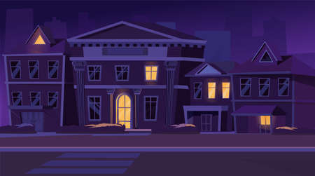 Night street in suburb district concept. Suburban houses with glowing windows, road and cityscape view. Evening landscape with cottages building. Vector illustration background in flat cartoon designのイラスト素材