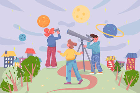 Kids playing astronauts at cityscape background. Boy and girls exploring space, looking through telescope or binoculars at sky with planets and stars scene. Vector illustration in flat cartoon designのイラスト素材