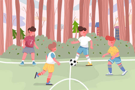 Children playing football on field in city park background. Boys run and kick ball, exercising to soccer match. Nature scenery with trees and buildings. Vector illustration in flat cartoon designのイラスト素材