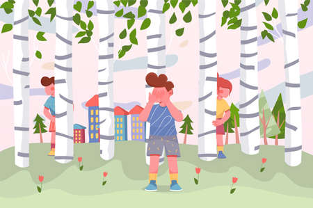 Kids playing at children playground in birches background. Boys and girl playing hide and seek outdoors. Nature scenery with trees and buildings at park. Vector illustration in flat cartoon designのイラスト素材