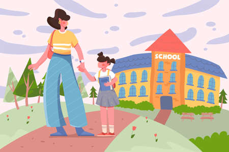 Children back to school concept in cityscape background. Mom and daughter go to school together. Nature scenery with path to building, trees and bushes. Vector illustration in flat cartoon designのイラスト素材