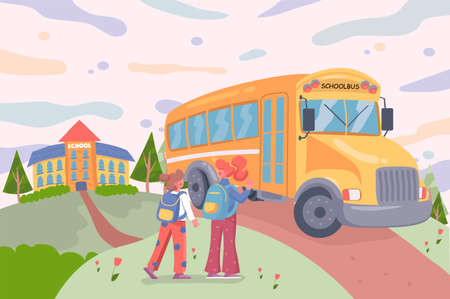 Children back to school concept in cityscape background. Girls with backpacks go to yellow school...