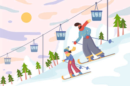Family at ski resort at winter background. Father and daughter are skiing on snowy slope. Nature scenery with downhill, trees, mountains and cables ropeway. Vector illustration in flat cartoon designのイラスト素材