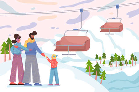 Family at ski resort at winter background. Mother, father and daughter prepare to board chairlift seat. Nature scenery with trees, snow mountains, ropeway. Vector illustration in flat cartoon designのイラスト素材