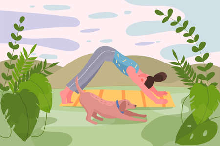Yoga trainings outdoors activity at nature background. Woman practicing yoga asanas with cute pet dog. Scenery with abstract sky, green hills and leaves. Vector illustration in flat cartoon designのイラスト素材