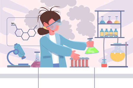 Laboratory research on lab equipment background. Young girl makes dangerous chemical experiment with explosion and smoke. Interior with tubes and flasks. Vector illustration in flat cartoon designのイラスト素材