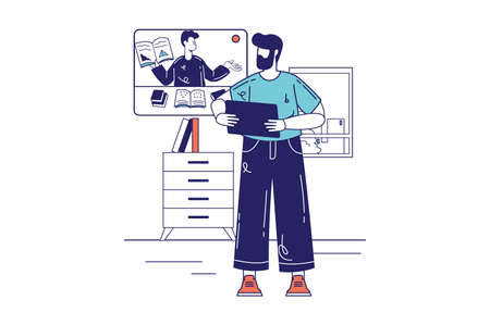 Distance learning concept in flat line design for web banner. Man watching video lecture with...