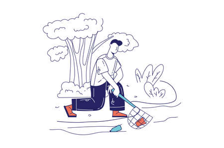 People collecting garbage concept in flat line design for web banner. Man catches garbage in river with net, environmental protection modern people scene. Vector illustration in outline graphic styleのイラスト素材