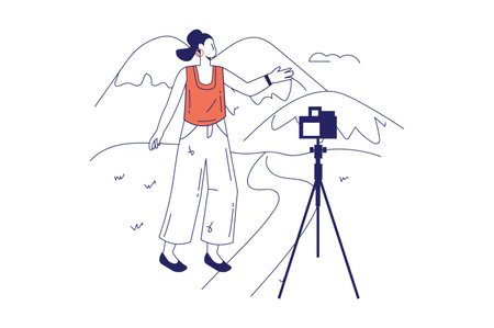 People in travel concept in flat line design for web banner. Woman tourist takes selfie on camera in...