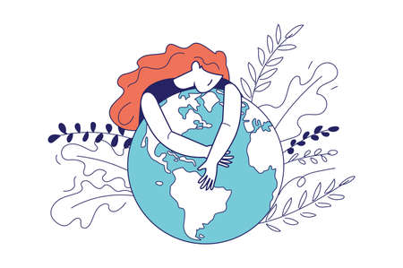 Earth day concept in flat line design for web banner. Woman hugs planet globe. Environmental protection, eco friendly, nature saving, modern people scene. Vector illustration in outline graphic styleのイラスト素材