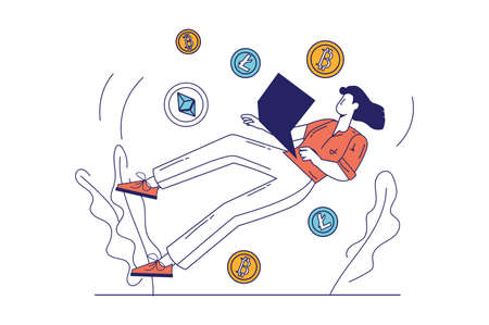 Cryptocurrency concept in flat line design for web banner. Woman earns digital money, financial exchange, mining bitcoins technology, modern people scene. Vector illustration in outline graphic styleのイラスト素材