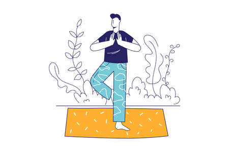 Yoga training concept in flat line design for web banner. Man practicing asanas outdoors, trains balance. Healthy lifestyle, wellness modern people scene. Vector illustration in outline graphic styleのイラスト素材