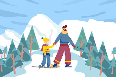 Father and son skiing at ski resort in landscape background. Dad and son spend time together doing active sports in snowy mountains view. Natural scenery. Vector illustration in flat cartoon designのイラスト素材