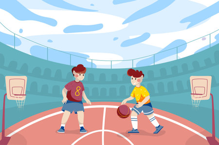 Children team playing basketball at stadium background. Happy boys in uniforms run with ball across field. Sports tournament, training or league competition. Vector illustration in flat cartoon designのイラスト素材