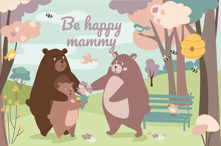 Be happy mammy concept background. Greeting holiday card with animals. Cute bear family, father and son give bouquet to mother in spring forest or park. Vector illustration in flat cartoon designのイラスト素材