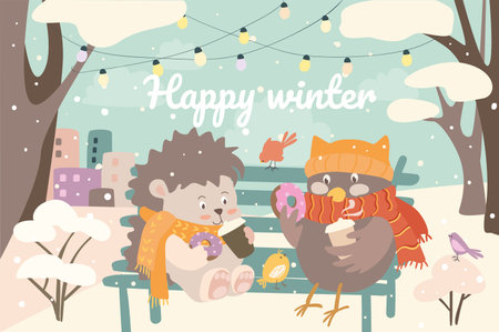 Happy winter animals concept background. Hedgehog and owl in warm scarves drink coffee and eat donuts sitting on bench in park. Cute pets in snowy city. Vector illustration in flat cartoon designのイラスト素材