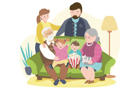 Big family portrait concept background. Grandfather and grandmother with grandson and granddaughter sitting on sofa, mother and father in living room. Vector illustration in flat cartoon designのイラスト素材