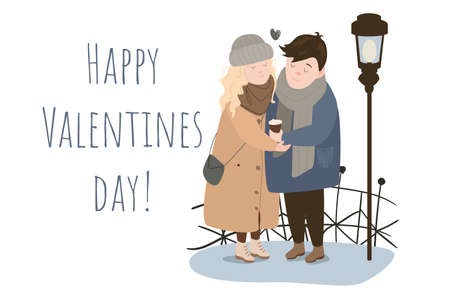 Happy Valentines day concept background. Cute couple hugging and holding hands and celebrates holiday together. Loving man and woman have romantic feelings. Vector illustration in flat cartoon designのイラスト素材