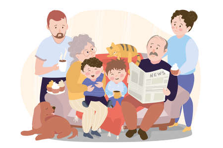 Big family is sitting on sofa concept background. Grandfather and grandmother with boys grandchildren, mother and father, pets dog and cat in living room. Vector illustration in flat cartoon designのイラスト素材