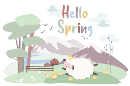 Hello spring concept background. Cute animals greeting springtime. Sheep lies on lawn with chickens near farm. Mountain landscape with green trees on hills. Vector illustration in flat cartoon designのイラスト素材