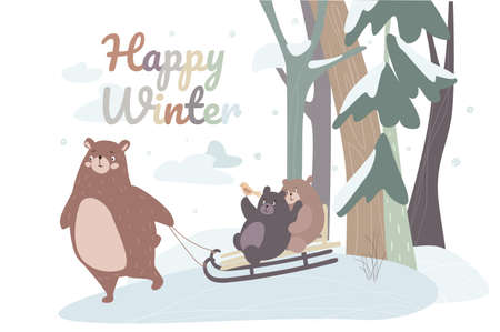 Happy winter concept background. Cute animals greeting wintertime. Bear pulls sled with cubs, pets play and outdoor activities. Snowy landscape with trees. Vector illustration in flat cartoon designのイラスト素材
