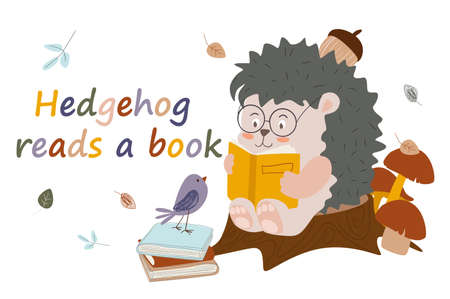Cute hedgehog reads a books concept background. Happy pet reading and sitting on stump by pile of books. Animal loves literature, learning and education. Vector illustration in flat cartoon designのイラスト素材
