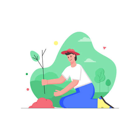 Garden work and growing plants modern flat concept. Man farmer planting seedlings in ground in spring. Agriculture and crop production. Vector illustration with people scene for web banner designのイラスト素材