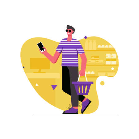 Customer shopping at store modern flat concept. Happy man with basket buying food in supermarket and looking at shopping list on smartphone. Vector illustration with people scene for web banner designのイラスト素材