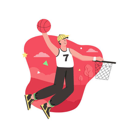 Athlete doing sports activities modern flat concept. Happy guy in uniform throwing ball and playing volleyball. Training and competition. Vector illustration with people scene for web banner designのイラスト素材